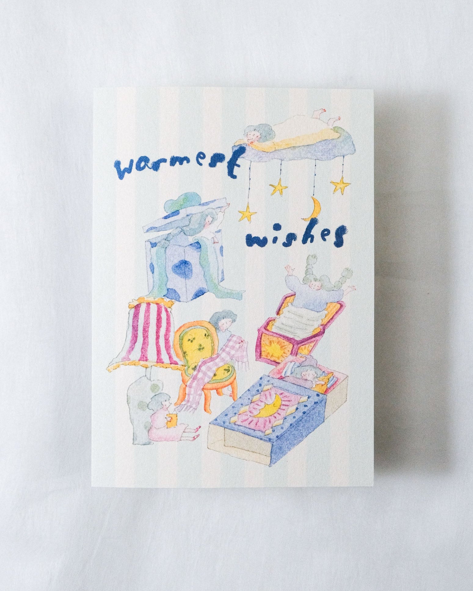 Cartoon illustration of children playing with toys on a white background, featuring text 'Warmeerf wishes'.